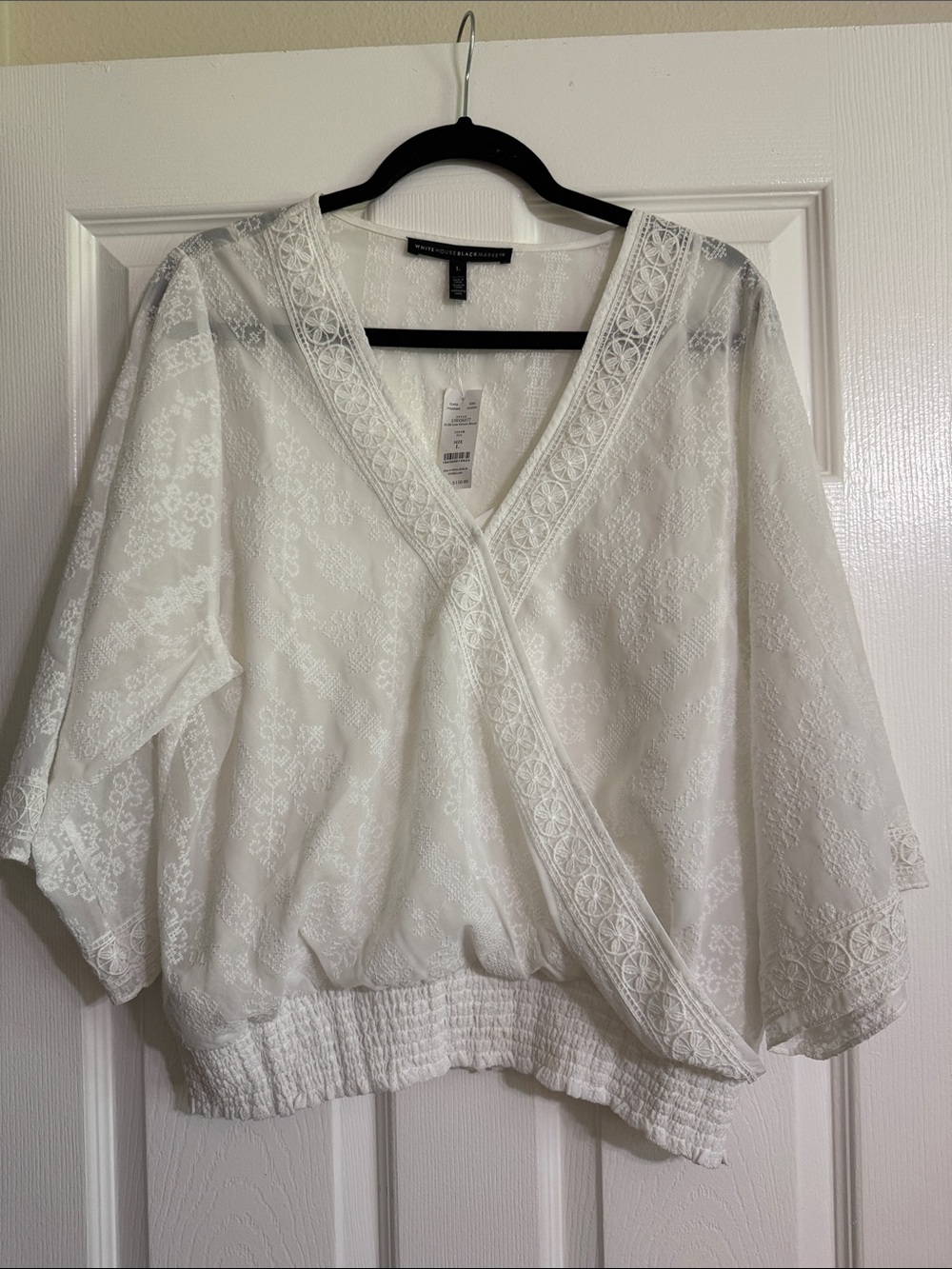 White House Black Market White Lace-Trim V-Neck Blouse